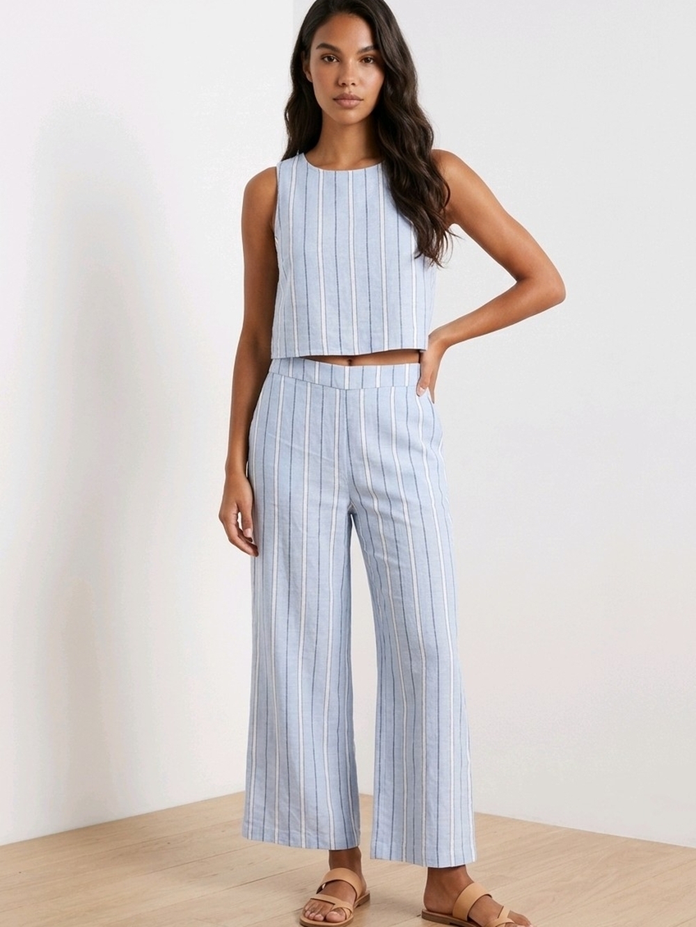 NWT Arizona Striped Light Blue Wide-Leg Linen Blend Pants Sz L